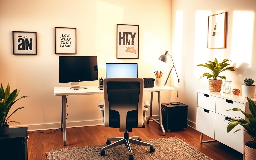 A spacious, well-lit home office with a clean, uncluttered desk. A modern, ergonomic chair sits in front of a sleek, minimalist computer setup. The desktop features a laptop, a monitor, and a keyboard, all neatly arranged. A few strategically placed office supplies, such as a pen holder and a small plant, add a touch of organization. Warm, natural lighting floods the room, creating a serene and productive atmosphere. The walls are adorned with subtle, inspirational artwork, enhancing the overall aesthetic. The space conveys a sense of focus, efficiency, and a clear, distraction-free work environment. A spacious, well-lit home office with a clean, uncluttered desk. A modern, ergonomic chair sits in front of a sleek, minimalist computer setup. The desktop features a laptop, a monitor, and a keyboard, all neatly arranged. A few strategically placed office supplies, such as a pen holder and a small plant, add a touch of organization. Warm, natural lighting floods the room, creating a serene and productive atmosphere. The walls are adorned with subtle, inspirational artwork, enhancing the overall aesthetic. The space conveys a sense of focus, efficiency, and a clear, distraction-free work environment.