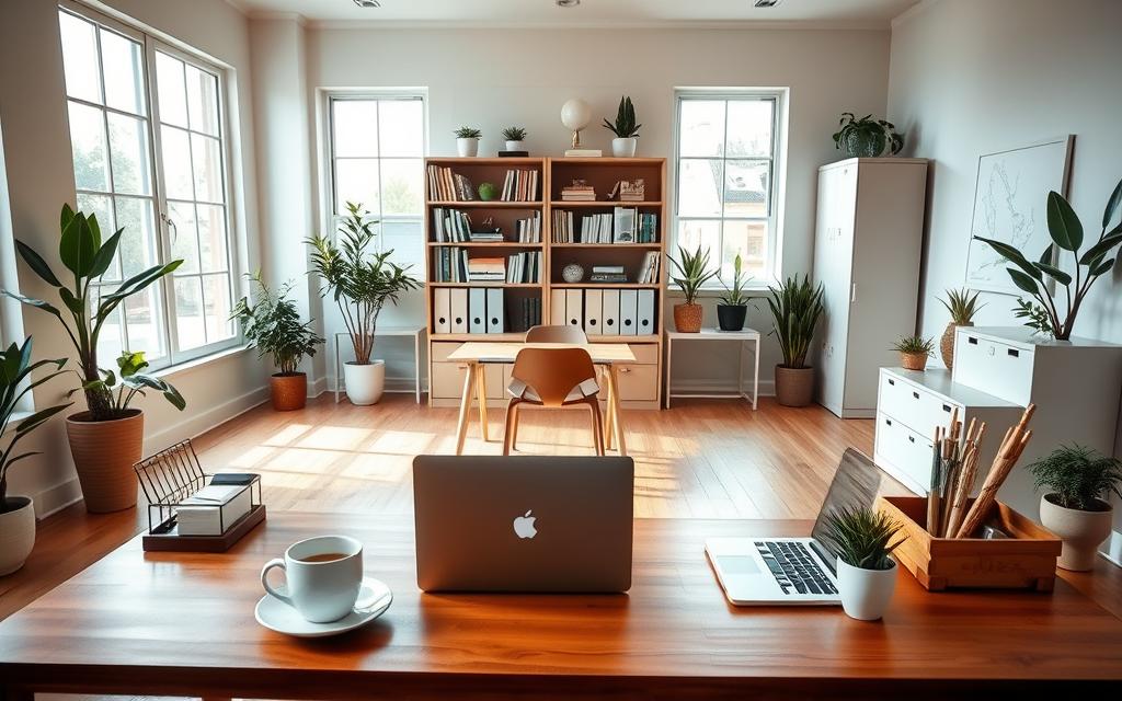 A spacious, well-lit home office with a neatly organized workspace. In the foreground, a wooden desk with a laptop, a cup of coffee, and a minimalist desk organizer. The middle ground features bookshelves, file cabinets, and decorative plants, all thoughtfully arranged to create a calming, productive environment. The background showcases large windows allowing natural light to flood the room, casting a warm, cozy glow. The overall scene conveys a sense of serenity and focus, inspiring the viewer to declutter and simplify their own workspace. A spacious, well-lit home office with a neatly organized workspace. In the foreground, a wooden desk with a laptop, a cup of coffee, and a minimalist desk organizer. The middle ground features bookshelves, file cabinets, and decorative plants, all thoughtfully arranged to create a calming, productive environment. The background showcases large windows allowing natural light to flood the room, casting a warm, cozy glow. The overall scene conveys a sense of serenity and focus, inspiring the viewer to declutter and simplify their own workspace.