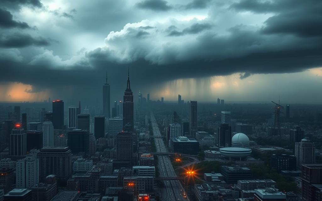 A sprawling cityscape, its skyline punctuated by towering skyscrapers, is cast in a dim, ominous light. In the foreground, emergency vehicles and personnel respond to a crisis, their flashing lights casting an eerie glow. The middle ground is dominated by a network of infrastructure - roads, power lines, and communication hubs - all interconnected and vulnerable. In the background, a looming storm front approaches, its dark clouds pregnant with the potential for destruction. The scene conveys a sense of impending danger, a reminder of the importance of disaster planning and preparedness in the face of regional emergencies.