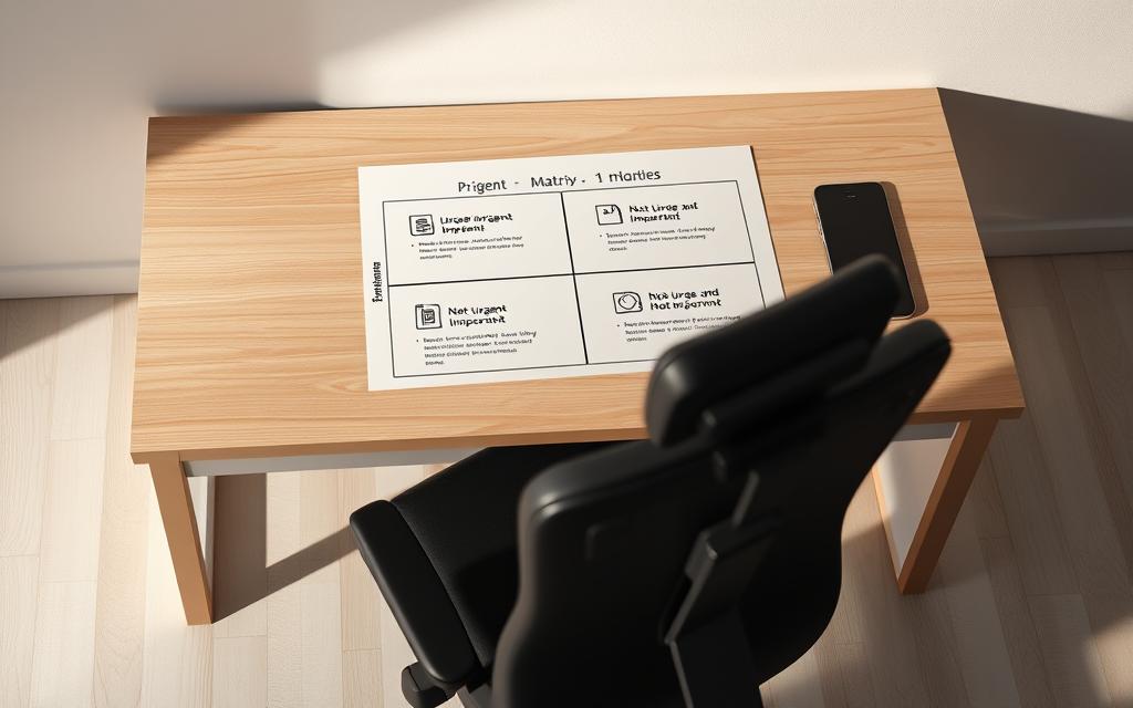 A striking, photorealistic image depicting a detailed priority matrix on a clean, minimalist desk setup. The matrix features four quadrants - "Urgent and Important", "Not Urgent but Important", "Urgent but Not Important", and "Not Urgent and Not Important" - with clear icons and labels. The desk is made of light wood, with a modern, black ergonomic chair in the foreground. Soft, directional lighting illuminates the scene, casting subtle shadows and highlights to accentuate the matrix's clarity. The overall atmosphere conveys a sense of organization, productivity, and focus, perfectly capturing the "Mastering the Priority Matrix" section of the "Prioritization Hacks" article.