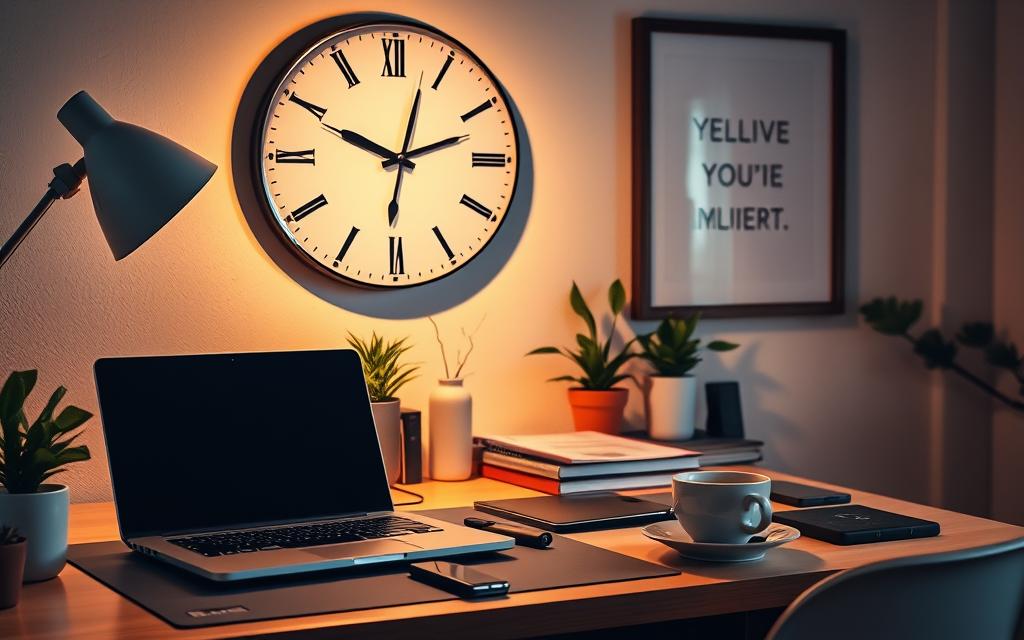 A study desk in a cozy home office, with a laptop, smartphone, and other digital devices neatly tucked away or turned off. Soft, warm lighting illuminates the space, creating a serene atmosphere. The focal point is a large, analog wall clock, its hands steadily ticking, emphasizing the importance of managing time and attention. Framed motivational artwork hangs on the wall, complementing the minimalist decor. Potted plants and a cup of steaming tea or coffee add natural, calming elements to the scene. The overall impression is one of mindfulness, productivity, and a deliberate reduction of digital distractions.