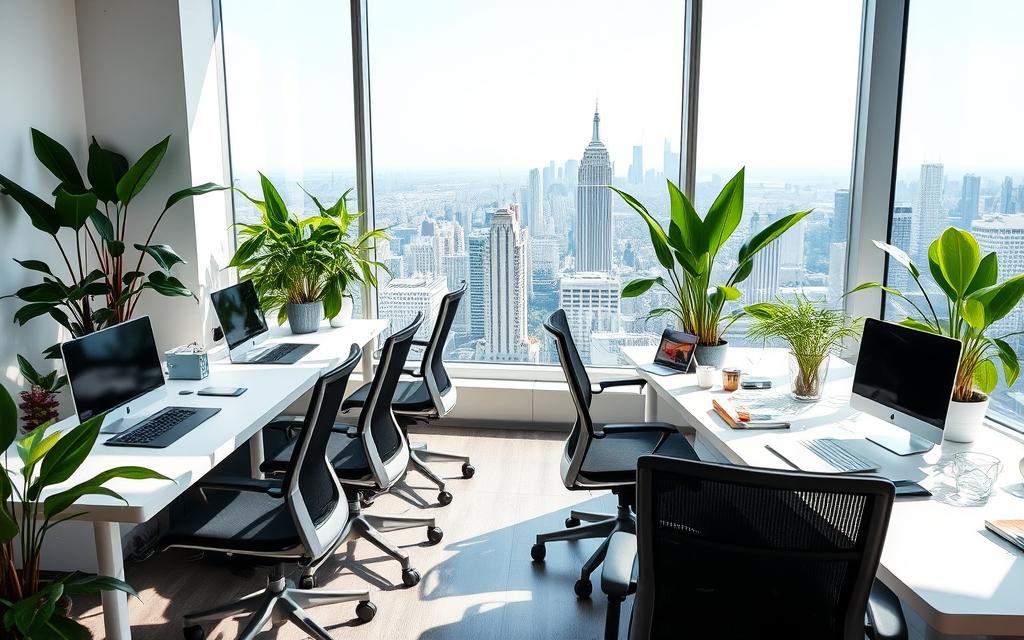 A sun-drenched, modern workspace with sleek desks and ergonomic chairs. Vibrant plants and natural lighting create a soothing, focused atmosphere. On the desks, neatly organized digital devices, productivity tools, and project plans convey a sense of optimized workflow. In the background, a large window offers a panoramic view of a bustling city skyline, blending the indoor and outdoor environments. The overall scene radiates a harmonious balance between technology, nature, and efficient system design.