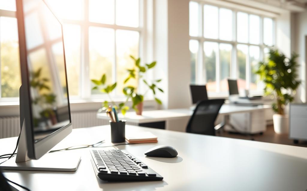 A sunlit office workspace with clean, minimalist design. In the foreground, a desktop computer, keyboard, and mouse arranged with precision, symbolizing efficiency. The middle ground features a plant, a pen cup, and a sleek, uncluttered desk, conveying a sense of organization and focus. The background showcases large windows, allowing natural light to flood the room, creating a bright, airy ambiance. The overall scene evokes a harmonious blend of technology, nature, and streamlined productivity, capturing the essence of workflow optimization. A sunlit office workspace with clean, minimalist design. In the foreground, a desktop computer, keyboard, and mouse arranged with precision, symbolizing efficiency. The middle ground features a plant, a pen cup, and a sleek, uncluttered desk, conveying a sense of organization and focus. The background showcases large windows, allowing natural light to flood the room, creating a bright, airy ambiance. The overall scene evokes a harmonious blend of technology, nature, and streamlined productivity, capturing the essence of workflow optimization.
