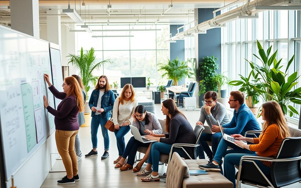 A team of diverse professionals collaborating in a bright, modern office space. In the foreground, colleagues brainstorming ideas on a large whiteboard, body language conveying engagement and enthusiasm. In the middle ground, small groups huddled around laptops, discussing project plans. The background features an open floor plan with natural light flooding in through floor-to-ceiling windows, potted plants, and ergonomic furniture promoting a sense of comfort and productivity. The overall atmosphere is one of focused teamwork, creative energy, and a culture of open communication.