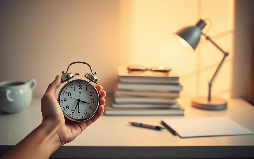 A tranquil workspace with an analog clock, a stack of books, and a pen resting on a minimalist desk. The scene is bathed in warm, diffused lighting, creating a serene and focused atmosphere. In the foreground, a pair of hands hold a timer, symbolizing the concept of "time chunking" - the practice of dividing tasks into manageable segments to enhance productivity and concentration. The middle ground features a neatly organized array of office supplies, suggesting a methodical approach to task management. In the background, a subtle grid pattern on the wall adds a sense of structure and visual interest, complementing the overall theme of time optimization and efficiency.