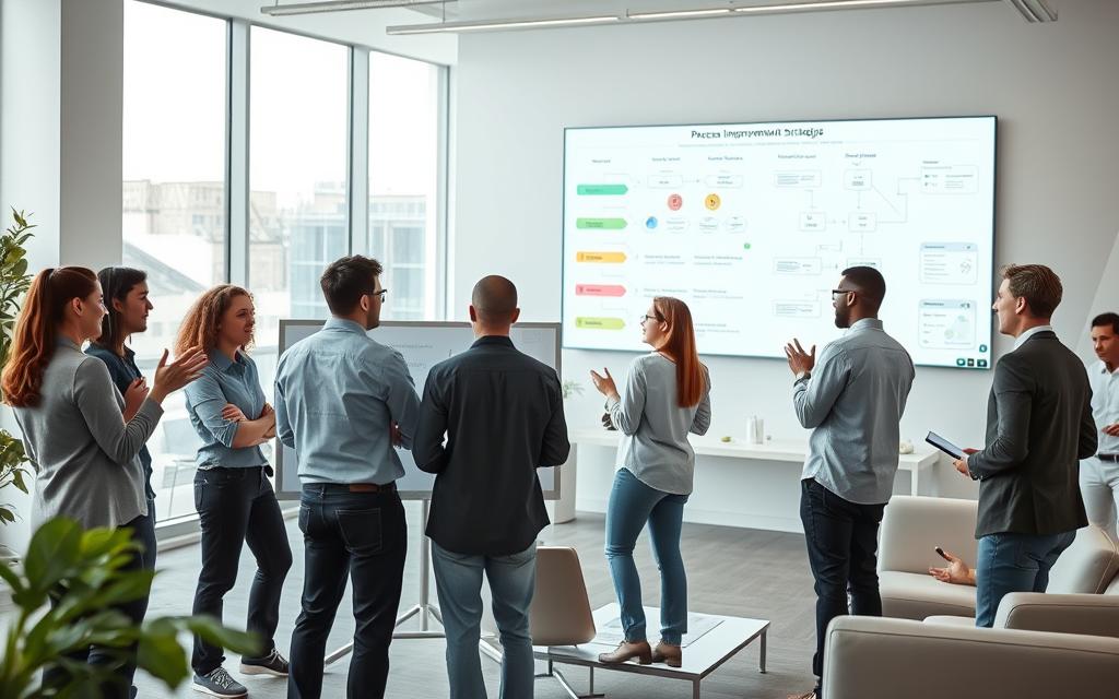 A vibrant and dynamic workplace setting, with a team of professionals collaborating on process improvement strategies. In the foreground, a group gathers around a digital whiteboard, gesturing animatedly as they discuss optimization techniques. The middle ground features a clean, minimalist office environment, with sleek furniture and large windows that flood the space with natural light. In the background, a wall-mounted display showcases a visual representation of workflow processes, complete with intuitive data visualizations. The overall atmosphere is one of focused productivity, underscored by a sense of purpose and innovation. The image is captured through a wide-angle lens, creating a sense of depth and immersion, with soft, directional lighting that casts subtle shadows and highlights the collaborative energy of the scene. A vibrant and dynamic workplace setting, with a team of professionals collaborating on process improvement strategies. In the foreground, a group gathers around a digital whiteboard, gesturing animatedly as they discuss optimization techniques. The middle ground features a clean, minimalist office environment, with sleek furniture and large windows that flood the space with natural light. In the background, a wall-mounted display showcases a visual representation of workflow processes, complete with intuitive data visualizations. The overall atmosphere is one of focused productivity, underscored by a sense of purpose and innovation. The image is captured through a wide-angle lens, creating a sense of depth and immersion, with soft, directional lighting that casts subtle shadows and highlights the collaborative energy of the scene.