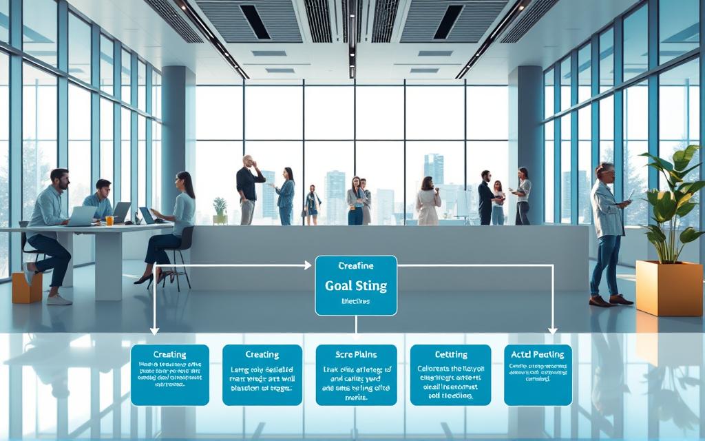 A vibrant and well-organized visual representation of effective goal-setting strategies. In the foreground, a clear and concise flow chart depicting the key steps - from defining objectives to creating a detailed action plan. The middle ground showcases individuals engaged in various planning activities, such as brainstorming, reviewing progress, and celebrating milestones. The background features a sleek, modern office setting with large windows, allowing natural light to create a sense of clarity and focus. The color palette is a harmonious blend of blues, grays, and accents of gold, conveying a professional, goal-oriented atmosphere. The overall composition guides the viewer through the essential elements of successful goal-setting, inspiring and empowering the audience to apply these strategies in their own lives.