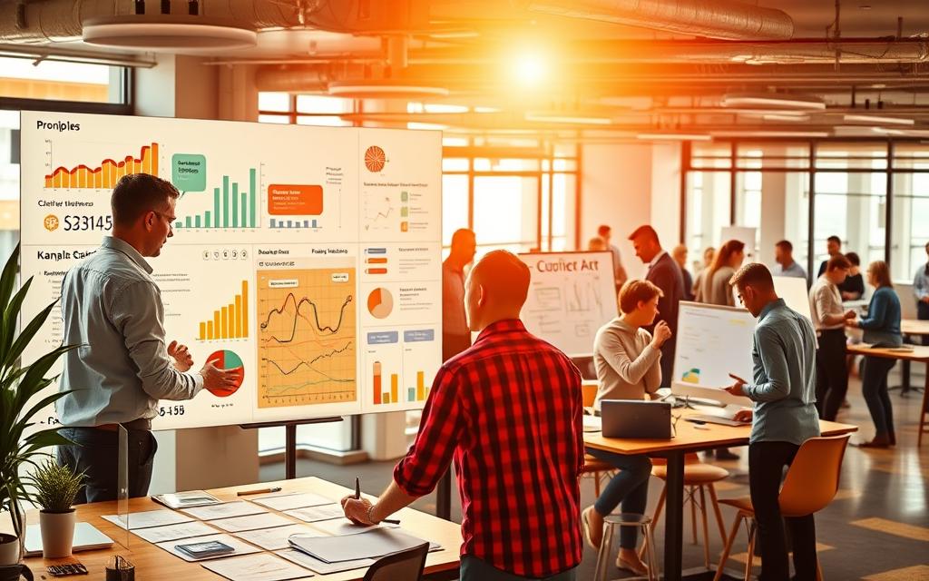 A vibrant, dynamic scene depicting the key principles of agile business growth techniques. In the foreground, a group of diverse professionals collaborating intensely around a holistic dashboard, visually tracking critical metrics and KPIs. In the middle ground, an agile development team rapidly iterating on a new product feature, leveraging techniques like Scrum and Kanban. In the background, an open-plan office space with teams engaged in lively discussions, whiteboarding sessions, and productivity-boosting activities. Warm, natural lighting illuminates the scene, conveying a sense of energy, innovation, and adaptability. The overall atmosphere exudes a spirit of continuous improvement, customer-centricity, and a relentless drive towards business growth and market responsiveness. A vibrant, dynamic scene depicting the key principles of agile business growth techniques. In the foreground, a group of diverse professionals collaborating intensely around a holistic dashboard, visually tracking critical metrics and KPIs. In the middle ground, an agile development team rapidly iterating on a new product feature, leveraging techniques like Scrum and Kanban. In the background, an open-plan office space with teams engaged in lively discussions, whiteboarding sessions, and productivity-boosting activities. Warm, natural lighting illuminates the scene, conveying a sense of energy, innovation, and adaptability. The overall atmosphere exudes a spirit of continuous improvement, customer-centricity, and a relentless drive towards business growth and market responsiveness.