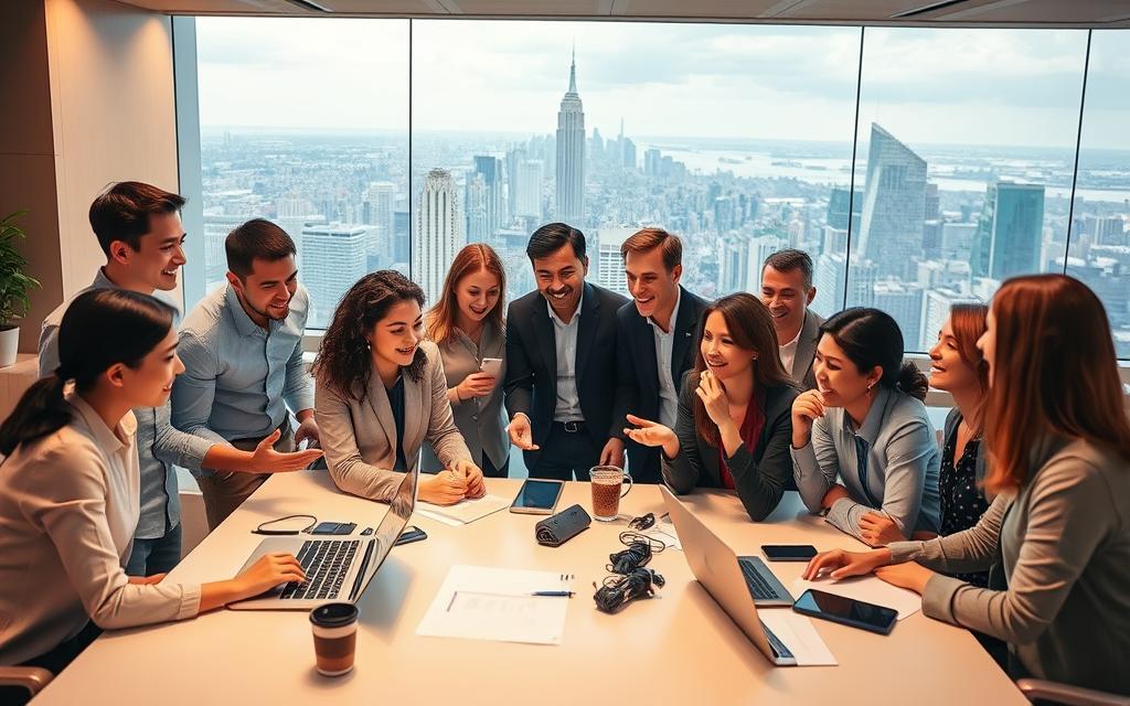 A vibrant, dynamic scene showcasing the diverse success stories of productivity tool users. In the foreground, a group of professionals from various industries collaborate enthusiastically around a sleek, modern workspace, their faces alight with excitement as they share insights and strategies. In the middle ground, individual users testify to the transformative impact of their favorite tools, their body language and facial expressions conveying a sense of empowerment and accomplishment. The background frames this tableau with a panoramic view of a bustling city skyline, suggesting the far-reaching benefits of these productivity solutions. The lighting is warm and inviting, with soft, directional illumination highlighting the collaborative spirit and sense of achievement. The overall composition conveys a sense of inspiration, innovation, and the power of shared experiences in the realm of productivity.