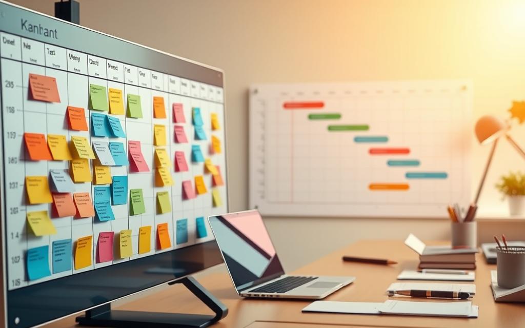 A vibrant, photorealistic scene showcasing effective project management visuals. In the foreground, a sleek and modern Kanban board with colorful task cards arranged in columns, highlighting the progress of various work items. In the middle ground, a dynamic Gantt chart presents a comprehensive timeline, with bars and milestones visualizing the project's phases and dependencies. The background features a neatly organized workspace, with a laptop, writing utensils, and other office accessories, all bathed in a warm, natural lighting that creates a productive and professional atmosphere.