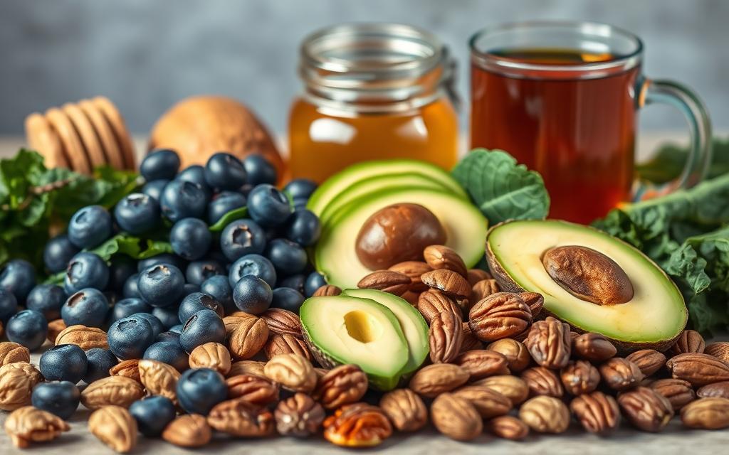 A vibrant still life composition showcasing an assortment of brain-boosting foods. In the foreground, a variety of nuts, including walnuts, almonds, and pecans, are arranged in an orderly fashion. In the middle ground, juicy blueberries, crisp slices of avocado, and a handful of dark leafy greens such as spinach and kale are carefully displayed. In the background, a glass jar filled with honey and a steaming mug of herbal tea create a soothing, earthy atmosphere. The lighting is soft and natural, highlighting the rich colors and textures of the ingredients. The overall scene conveys a sense of nourishment and mental clarity, perfectly suited to illustrate the "Nutritional Strategies for a Sharper Mind" section. A vibrant still life composition showcasing an assortment of brain-boosting foods. In the foreground, a variety of nuts, including walnuts, almonds, and pecans, are arranged in an orderly fashion. In the middle ground, juicy blueberries, crisp slices of avocado, and a handful of dark leafy greens such as spinach and kale are carefully displayed. In the background, a glass jar filled with honey and a steaming mug of herbal tea create a soothing, earthy atmosphere. The lighting is soft and natural, highlighting the rich colors and textures of the ingredients. The overall scene conveys a sense of nourishment and mental clarity, perfectly suited to illustrate the "Nutritional Strategies for a Sharper Mind" section.