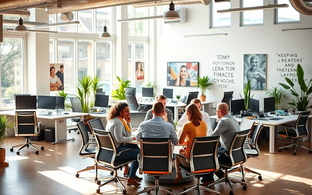 A vibrant, well-designed office space with natural light streaming through large windows. In the foreground, a group of diverse colleagues collaborating at a circular table, their body language indicating open, positive communication. In the middle ground, ergonomic desks and chairs arranged in a flexible, collaborative layout. The background features inspiring artwork, plants, and motivational quotes on the walls, creating a warm, welcoming atmosphere. The lighting is soft and diffused, enhancing the sense of productivity and camaraderie. An overall mood of professionalism, creativity, and a healthy work environment.