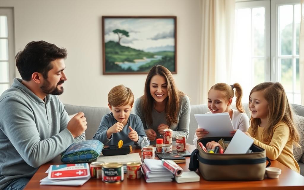 A warm, inviting living room with a loving family gathered around a table, discussing emergency preparedness plans. Soft, natural lighting filters through large windows, casting a cozy glow. The parents, a young boy, and a girl thoughtfully examine the contents of a well-stocked emergency kit, including flashlights, canned goods, first aid supplies, and essential documents. Their expressions convey a sense of readiness and determination to keep their loved ones safe. In the background, a framed wall hanging depicts a serene landscape, symbolizing the importance of being prepared for the unexpected.
