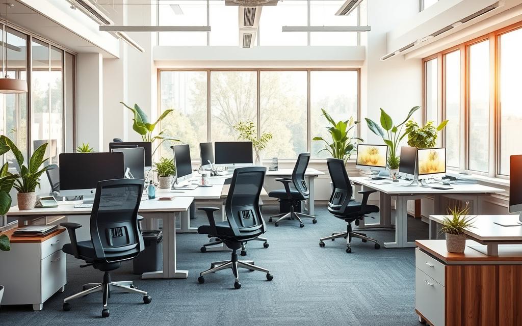 A well-designed, ergonomic office space with clean, modern furniture and furnishings. The room is filled with natural light streaming through large windows, casting a warm, inviting glow. Sleek, height-adjustable desks and comfortable, supportive task chairs are arranged in an open, collaborative layout. Potted plants and natural wood accents add a touch of nature, while task lighting and subtle ambient illumination create a productive, focused atmosphere. The overall design prioritizes user comfort, ergonomics, and workflow efficiency to promote a healthy, productive work environment.