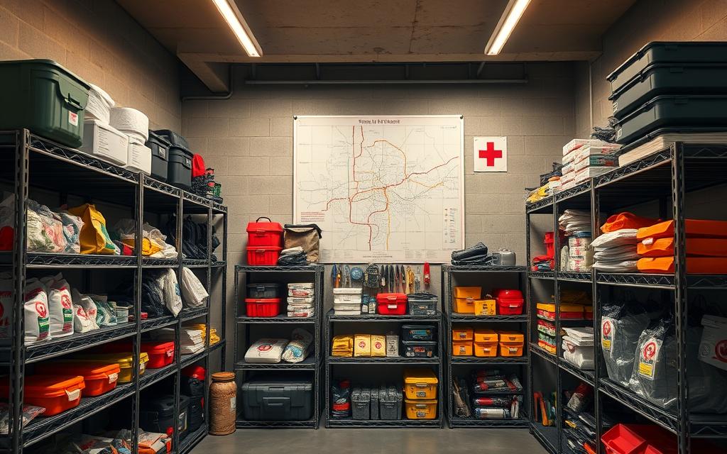 A well-equipped emergency preparedness center, featuring an array of essential supplies neatly organized on sturdy metal shelves. The foreground showcases a variety of first aid kits, flashlights, survival tools, and emergency rations, all set against a backdrop of an industrial-style room with concrete walls and a high ceiling. Warm, directional lighting casts a soft glow, creating a sense of readiness and preparedness. In the middle ground, a large map of the local area is prominently displayed, indicating evacuation routes and key emergency response facilities. The overall atmosphere conveys a balanced combination of functionality, organization, and a commitment to being prepared for unexpected challenges.