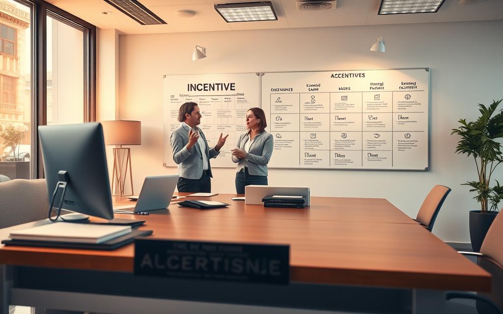 A well-lit business office interior with a large desk in the foreground, featuring an array of office supplies, a laptop, and a nameplate. In the middle ground, two professionals in formal attire are engaged in a discussion, gesturing animatedly. The background showcases a wall-mounted whiteboard with a diagram depicting various metrics and KPIs, representing the incentives and accountability systems. Warm lighting illuminates the scene, creating a productive and collaborative atmosphere.