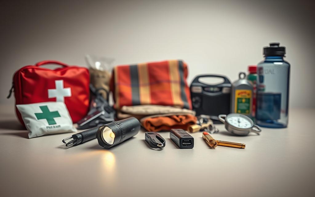 A well-lit, high-resolution photograph of a neatly arranged selection of essential emergency preparedness items on a clean, neutral-colored surface. In the foreground, a first aid kit, a flashlight, a multitool, and a water bottle. In the middle ground, a portable radio, a survival blanket, and a whistle. In the background, a fire starter, a compass, and a small emergency kit. The lighting is soft and even, with a slightly warm tone, creating a sense of calm and readiness.