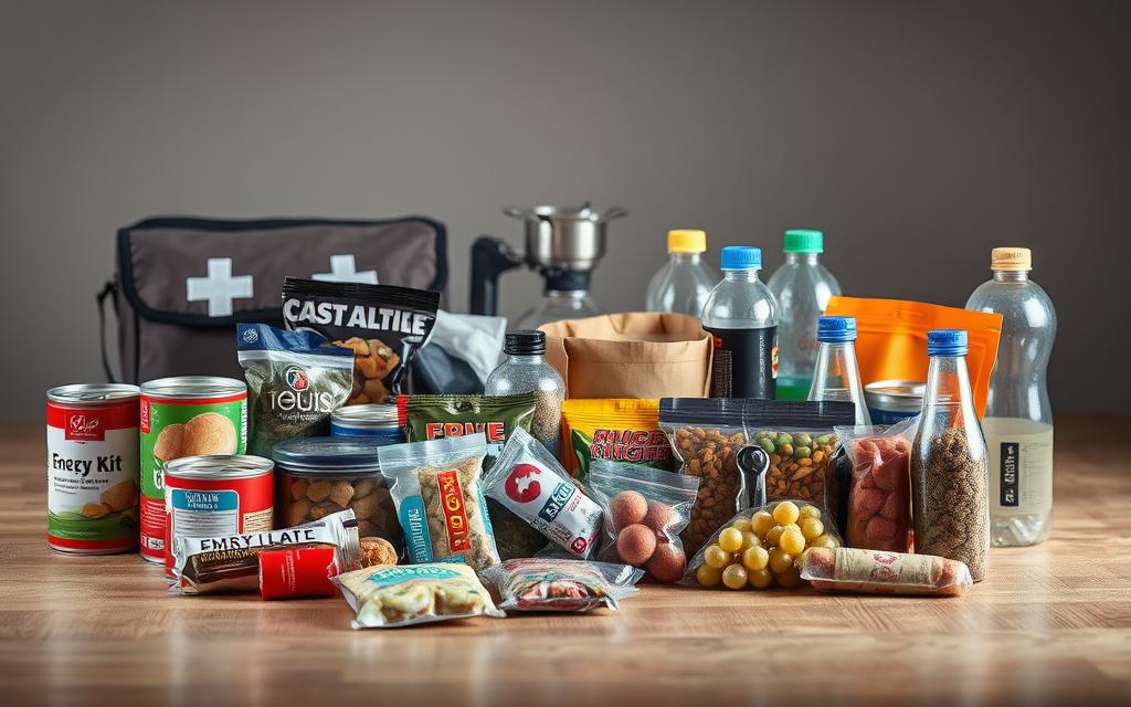 A well-lit, high-resolution photographic image showcasing an assortment of emergency food kit items. In the foreground, a variety of canned goods, energy bars, dried fruits, and sealed water bottles are neatly arranged on a wooden surface. The middle ground features a first-aid kit, a portable stove, and a flashlight, while the background subtly depicts a neutral, uncluttered space, allowing the essential supplies to take center stage. The overall lighting is warm and natural, creating a sense of preparedness and reliability, with a depth of field that gently blurs the periphery, focusing the viewer's attention on the curated selection of emergency provisions.