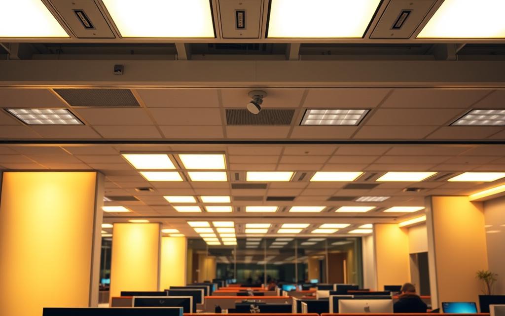 A well-lit modern office space, bathed in the warm glow of strategically placed LED light fixtures. In the foreground, sleek, rectangular panels with diffused lighting illuminate the workstations, casting a soothing ambiance. The middle ground features adjustable track lighting, precisely angled to highlight specific areas and task-oriented zones. In the background, recessed ceiling fixtures provide a uniform, ambient illumination, creating a cohesive and visually appealing workspace. The overall scene conveys a sense of efficiency, productivity, and attention to detail in the lighting design.