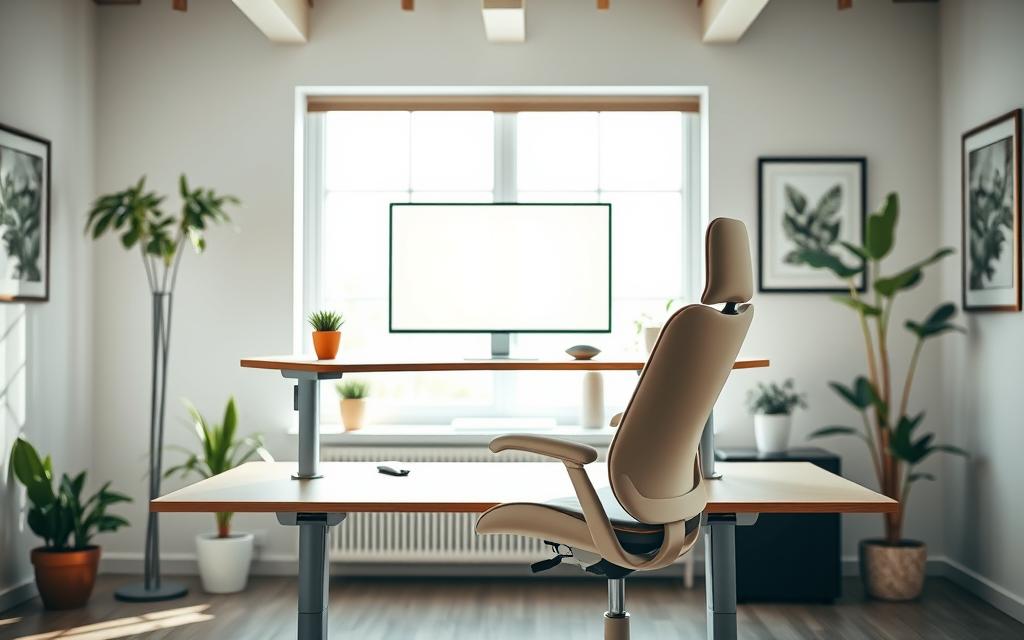 A well-lit, modern office space featuring an ergonomic, adjustable standing desk with a sleek, minimalist design. The desk is paired with a high-quality, ergonomic office chair in a neutral color, providing excellent lumbar support. In the middle ground, a large, high-resolution computer monitor is positioned at eye level, reducing strain. The background showcases a large window with natural light flooding the room, creating a bright and airy atmosphere. Potted plants and framed artwork add a touch of personal style, while the overall setup promotes productivity, comfort, and a healthy work environment.