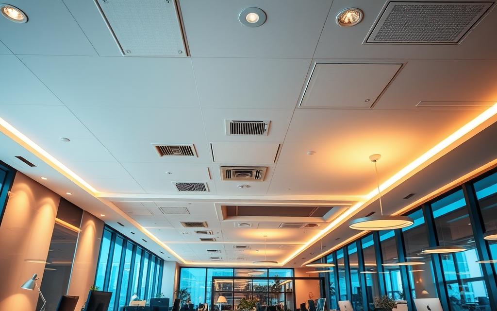 A well-lit modern office space with diverse lighting fixtures illuminating the workspace. Soft, indirect ceiling lights provide ambient illumination, while task-oriented desk lamps and floor lamps highlight specific work areas. Sleek, recessed downlights accentuate architectural features and create a balanced, professional atmosphere. Warm-toned LED strips along the walls add depth and a cozy ambiance. Large windows flood the room with natural daylight, complementing the artificial lighting. The scene conveys a sense of productivity, comfort, and attention to detail in workplace lighting design.