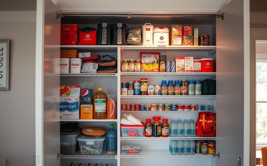 A well-lit, photorealistic image of a home interior with a closet or cabinet door open, revealing shelves stocked with emergency supplies. The shelves are organized and labeled, containing items like flashlights, batteries, first aid kits, canned food, water bottles, and other essential survival gear. The lighting is bright and natural, highlighting the accessibility and practicality of the storage setup. The scene conveys a sense of preparedness and safety, reflecting the importance of having emergency kits readily available at home. The camera angle is slightly elevated, providing a clear view of the storage layout and contents.