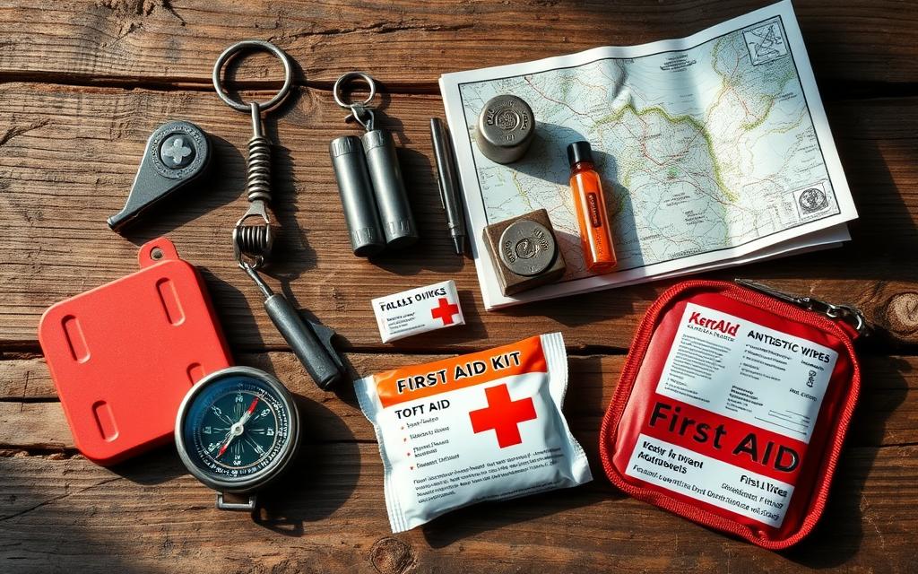 A well-lit, photorealistic image of an array of first aid and navigation tools, including a large compass, a survival whistle, a flint and steel set, a detailed topographic map, and a compact first aid kit with bandages, antiseptic wipes, and other essential medical supplies. The items are neatly arranged on a rugged wooden table, with a natural light source casting soft shadows and highlighting the textures and details of the equipment. The overall mood is one of preparedness and adventure, conveying the importance of these essential survival gear for an outdoor journey.