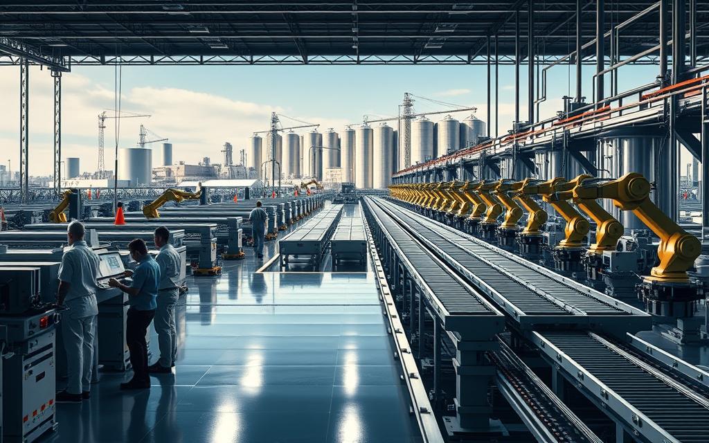 A well-lit, photorealistic image showcasing efficiency and output improvements. In the foreground, a gleaming factory floor with workers operating advanced machinery and robotic arms, their movements swift and coordinated. In the middle ground, a series of production lines, each optimized for maximum throughput, churning out a steady stream of high-quality products. In the background, a skyline of sleek, modern buildings and towering silos, conveying a sense of scale and industrial prowess. The lighting is crisp and directional, casting dramatic shadows and highlighting the intricate details of the scene. The overall composition emphasizes the interconnected systems and processes that drive productivity and efficiency in a thriving industrial setting.