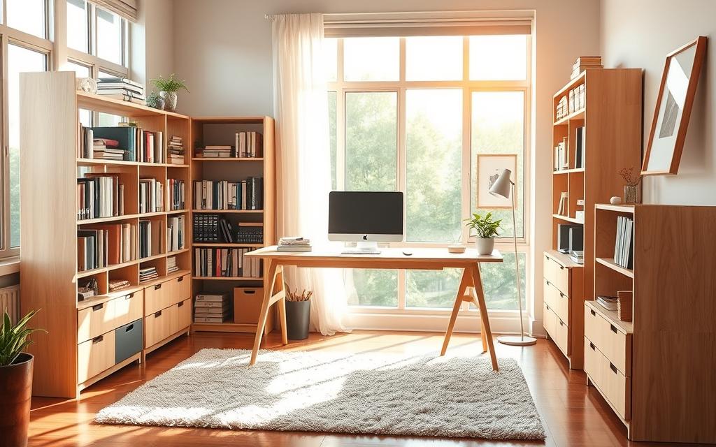 A well-organized and efficient workspace, bathed in warm, natural light filtering through large windows. A sturdy, L-shaped desk in a light wood tone, neatly arranged with a sleek desktop computer, a tidy stack of papers, and a minimalist desk lamp. Bookshelves line the walls, filled with a curated collection of volumes, complemented by a small potted plant and a framed piece of artwork. The floor is covered in a plush, neutral-toned rug, and the overall atmosphere exudes a sense of calm productivity, inviting the viewer to step into a structured, focused environment.