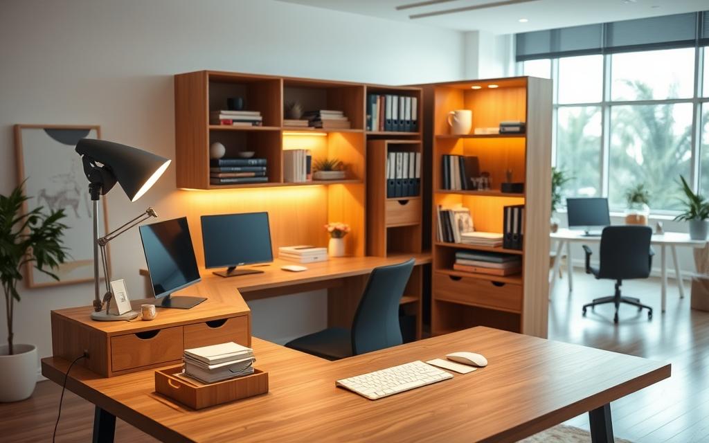 A well-organized and functional vertical desk storage solution, showcasing a clean, minimalist design. The foreground features a sleek, wooden desk with a variety of compartments, shelves, and drawers to neatly store office supplies, documents, and electronics. Subtle indirect lighting illuminates the workspace, creating a warm, productive atmosphere. In the middle ground, a tall, narrow cabinet or shelving unit stands beside the desk, providing additional vertical storage space for books, binders, and decorative accents. The background is a bright, airy home office setting with large windows, allowing natural light to flood the space and enhance the overall sense of openness and efficiency. A well-organized and functional vertical desk storage solution, showcasing a clean, minimalist design. The foreground features a sleek, wooden desk with a variety of compartments, shelves, and drawers to neatly store office supplies, documents, and electronics. Subtle indirect lighting illuminates the workspace, creating a warm, productive atmosphere. In the middle ground, a tall, narrow cabinet or shelving unit stands beside the desk, providing additional vertical storage space for books, binders, and decorative accents. The background is a bright, airy home office setting with large windows, allowing natural light to flood the space and enhance the overall sense of openness and efficiency.