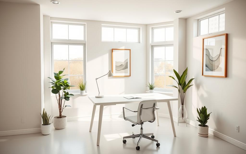 A well-organized and minimalist workspace with an abundance of natural light streaming through large windows. Sleek, white wooden desk with a clean, uncluttered surface, complemented by a comfortable, ergonomic chair. Strategically placed potted plants and a small succulent add a touch of greenery, enhancing the sense of focus and calm. The walls are painted in a soothing, neutral tone, with a single, framed piece of abstract artwork providing a subtle visual anchor. The lighting is a combination of soft, indirect natural light and a single, modern desk lamp, creating a warm and inviting atmosphere conducive to deep concentration.