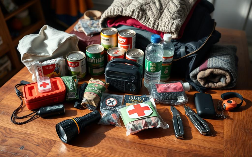 A well-organized array of essential disaster kit items, meticulously arranged on a sturdy wooden table. In the foreground, a sturdy flashlight, a first-aid kit, and a portable radio. In the middle ground, a supply of canned goods, bottled water, and a multi-tool. In the background, a warm blanket, a portable charger, and a whistle. The lighting is soft and natural, casting gentle shadows and highlighting the textures of the various materials. The overall atmosphere conveys a sense of preparedness and reassurance, inviting the viewer to envision themselves assembling a comprehensive disaster kit.