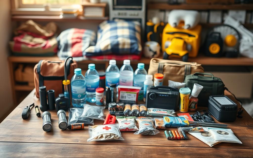 A well-organized disaster supplies kit rests on a sturdy wooden table, bathed in warm, natural lighting. In the foreground, essential items like flashlights, batteries, and a first-aid kit are neatly arranged. The middle ground showcases water bottles, non-perishable food, and a radio, all strategically placed. In the background, a survival blanket, a portable power source, and other emergency tools create a sense of preparedness and resilience. The overall composition conveys a mood of calm efficiency, reflecting the importance of being ready for any unexpected event.