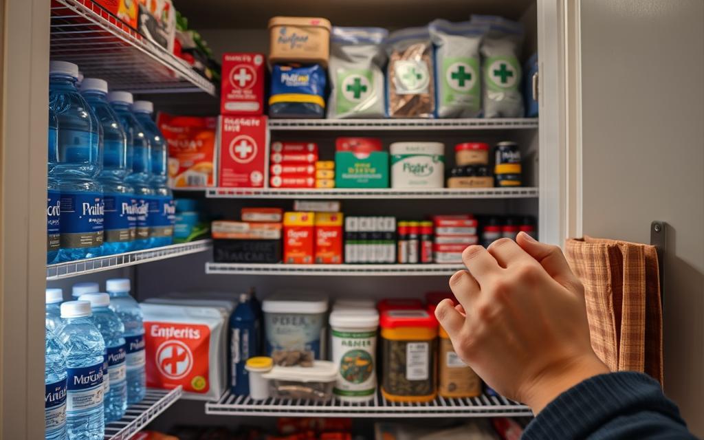 A well-organized home emergency supply closet, neatly stocked with essentials like water, non-perishable food, first-aid kits, flashlights, batteries, and emergency blankets. The shelves are illuminated by soft, indirect lighting, creating a sense of order and preparedness. In the foreground, a person's hand carefully checks the expiration dates and restocks items as needed, ensuring the supplies are always up-to-date and ready for any unexpected situation. The overall atmosphere conveys a feeling of calm confidence and readiness to face any challenge.