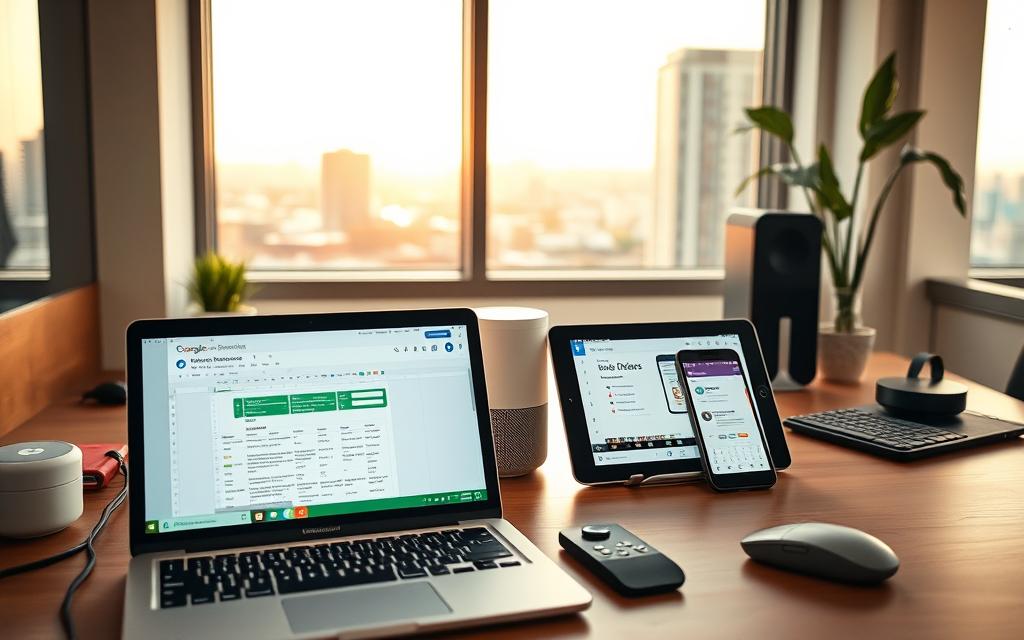 A well-organized office workspace with various Google productivity tools strategically placed. In the foreground, a laptop displaying a Google Sheets spreadsheet, a Google Calendar open on a tablet, and a Google Docs document on a smartphone. In the middle ground, a neatly arranged desk with a Google Assistant-enabled smart speaker, a Google Chromecast, and a Google Workspace-branded mouse and keyboard. The background features a window overlooking a serene urban landscape, with warm, natural lighting filtering through. The overall atmosphere conveys a sense of efficiency, organization, and focus, inspiring a productive and streamlined workday.
