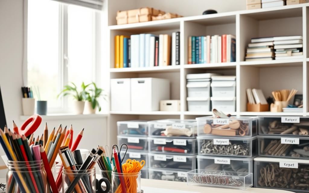 A well-organized supply categorization system with clearly labeled shelves and drawers. A meticulously arranged workspace, the foreground showcases an array of office essentials - pens, pencils, scissors, and paperclips neatly stored in transparent containers. The middle ground features a series of labeled storage bins, each containing a specific type of supply. In the background, a sleek, minimalist bookshelf houses a collection of organization guides and reference materials. Bright, natural lighting illuminates the scene, creating a sense of efficiency and productivity. The overall atmosphere conveys a harmonious, streamlined approach to home office organization. A well-organized supply categorization system with clearly labeled shelves and drawers. A meticulously arranged workspace, the foreground showcases an array of office essentials - pens, pencils, scissors, and paperclips neatly stored in transparent containers. The middle ground features a series of labeled storage bins, each containing a specific type of supply. In the background, a sleek, minimalist bookshelf houses a collection of organization guides and reference materials. Bright, natural lighting illuminates the scene, creating a sense of efficiency and productivity. The overall atmosphere conveys a harmonious, streamlined approach to home office organization.