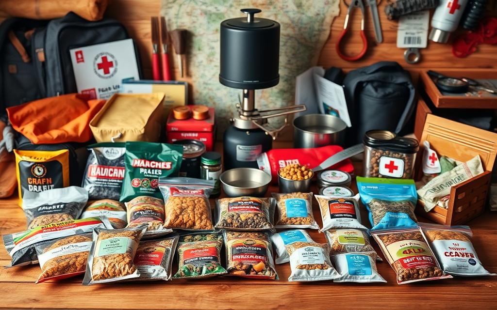 A well-organized survival food kit arranged on a wooden table. In the foreground, various freeze-dried meals, energy bars, and water purification tablets are neatly displayed. In the middle ground, a sturdy camping stove, cookware, and a first-aid kit come into focus. The background features a map, a compass, and other essential gear for emergency preparedness, all bathed in warm, natural lighting to convey a sense of reliability and preparedness. The image aims to showcase a comprehensive survival kit that is practical, durable, and ready for any unexpected situation.