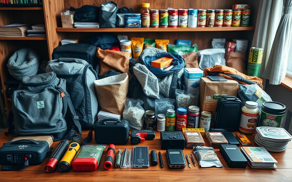 A well-stocked and organized emergency preparedness kit, neatly arranged on a wooden table. In the foreground, a sturdy backpack, a first-aid kit, and a portable radio sit alongside flashlights, batteries, and a multi-tool. The middle ground features a water filtration system, an emergency blanket, and a solar-powered charger. In the background, canned goods, medical supplies, and other essential survival items are meticulously displayed, all illuminated by soft, natural lighting that casts a warm, reassuring glow over the scene.