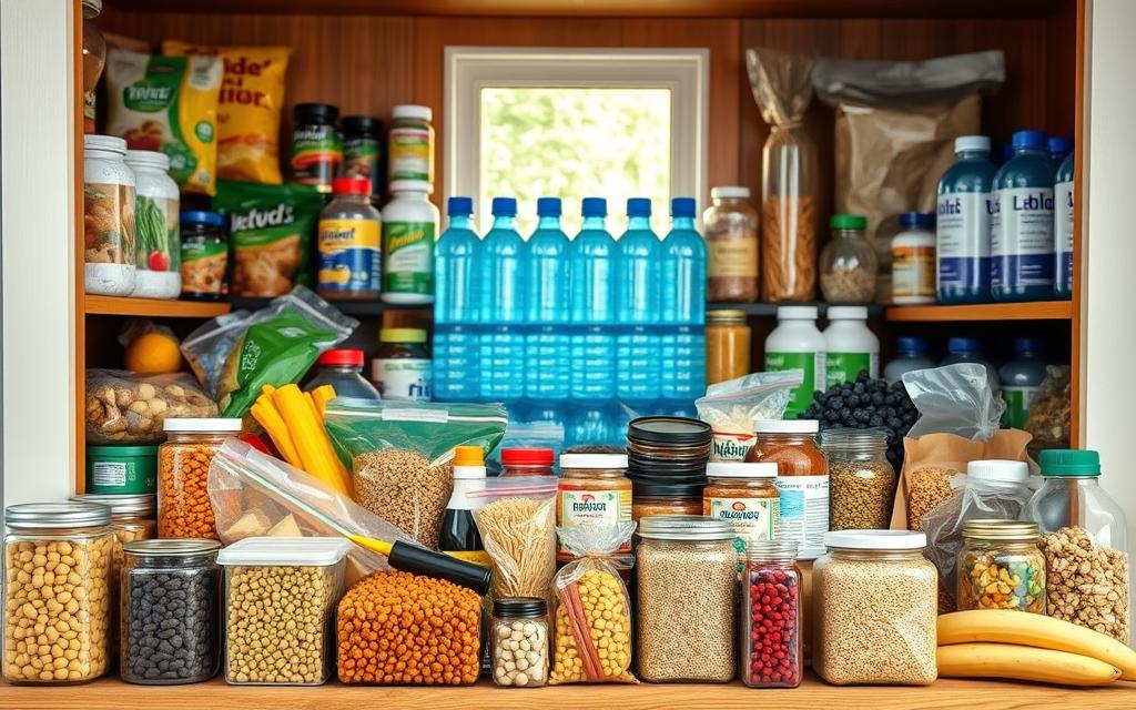 A well-stocked emergency food pantry showcasing a balanced nutritional assortment. In the foreground, a variety of canned goods, dried legumes, and whole grains are neatly arranged, conveying a sense of preparedness. In the middle ground, a collection of vitamin supplements and bottles of water create a cohesive, organized display. The background features natural lighting filtering through a window, casting a warm, reassuring glow over the scene. The overall composition emphasizes the importance of maintaining a nutritious diet even in unexpected situations, reinforcing the notion of being ready for any eventuality. A well-stocked emergency food pantry showcasing a balanced nutritional assortment. In the foreground, a variety of canned goods, dried legumes, and whole grains are neatly arranged, conveying a sense of preparedness. In the middle ground, a collection of vitamin supplements and bottles of water create a cohesive, organized display. The background features natural lighting filtering through a window, casting a warm, reassuring glow over the scene. The overall composition emphasizes the importance of maintaining a nutritious diet even in unexpected situations, reinforcing the notion of being ready for any eventuality.