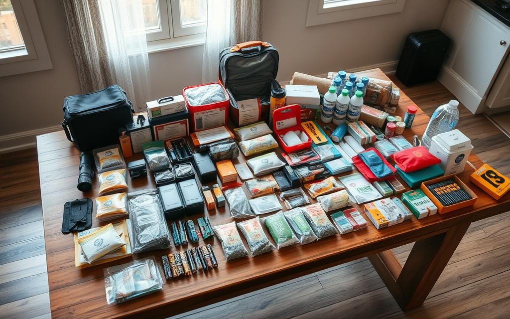 A well-stocked emergency kit laid out on a sturdy wooden table, illuminated by natural light filtering through a nearby window. The kit contains essential supplies like flashlights, batteries, first aid kits, non-perishable food, water, and other survival gear, arranged in an organized, visually appealing manner. The scene conveys a sense of preparedness and attention to detail, with a warm, reassuring atmosphere. The camera angle is slightly elevated, providing a comprehensive view of the contents, while maintaining a clean, uncluttered composition.
