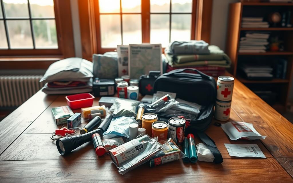 A well-stocked emergency kit rests on a sturdy wooden table, its contents neatly arranged in the foreground. Flashlights, batteries, first-aid supplies, and canned goods are carefully positioned, conveying a sense of preparedness. In the middle ground, a map and a radio sit alongside a whistle and emergency blankets, while the background features a window with a serene outdoor view, bathed in warm, natural lighting. The overall atmosphere exudes a calm, organized, and reassuring ambiance, emphasizing the importance of maintaining and updating one's emergency kit for comprehensive safety and preparedness.