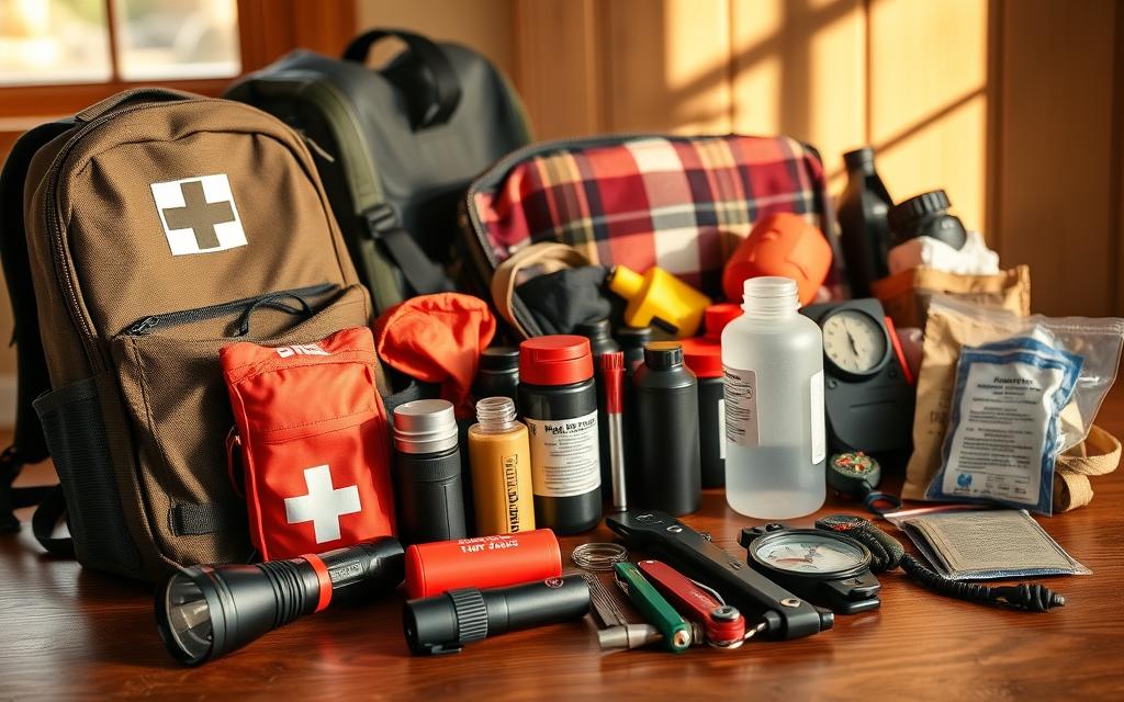 A well-stocked emergency preparedness toolkit arranged on a wooden table, bathed in warm, natural lighting. In the foreground, a sturdy backpack, a first-aid kit, and a flashlight. In the middle ground, a water filter, a multi-tool, and a survival blanket. In the background, a compass, a survival whistle, and a fire-starting kit. The scene conveys a sense of organization, readiness, and the importance of being prepared for unexpected emergencies.