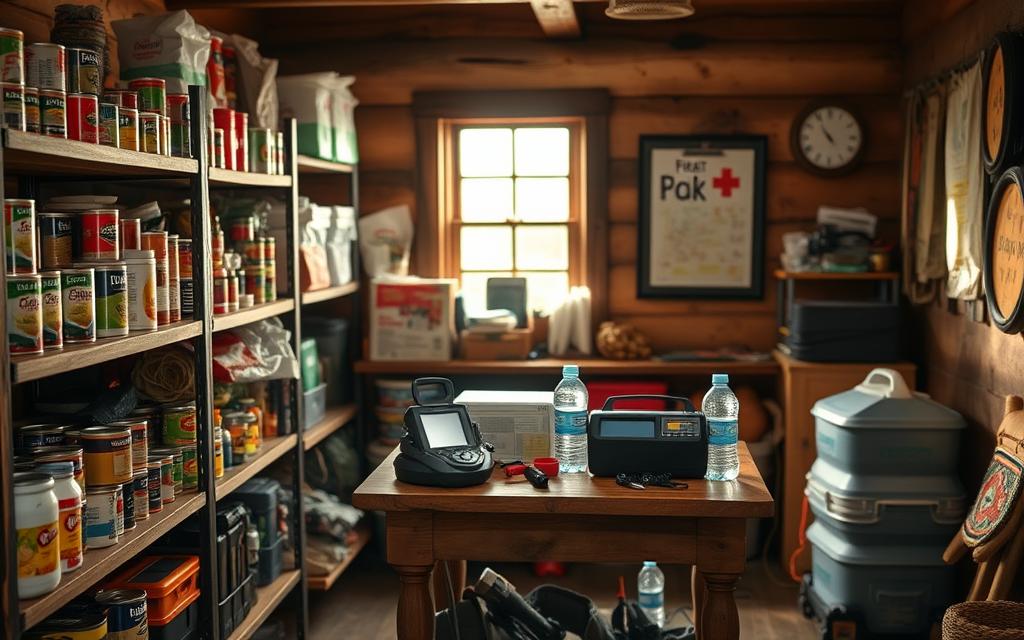 A well-stocked emergency supply cabinet in a cozy, rustic home setting. In the foreground, shelves hold neatly organized essentials like canned goods, batteries, flashlights, and first aid kits. The middle ground features a sturdy wooden table with a radio, water bottles, and other preparedness items. In the background, a warm, natural light filters through a window, casting a soft glow on the scene. The overall atmosphere conveys a sense of readiness and self-reliance, with attention to both practical and aesthetically pleasing details.