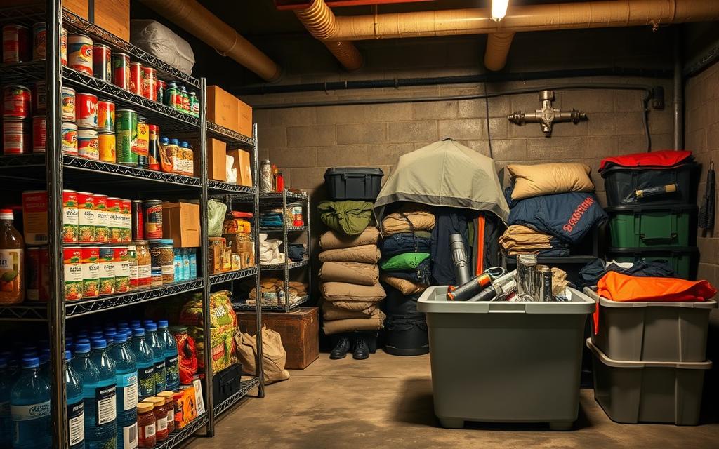 A well-stocked emergency survival storage solution, capturing an organized array of essential items. In the foreground, a sturdy metal shelving unit holds rows of canned goods, bottled water, first-aid kits, and emergency blankets. In the middle ground, a large plastic storage bin contains camping gear, flashlights, and batteries. The background features a dimly lit, industrial-style room, with a concrete floor and exposed piping, conveying a sense of preparedness and utility. The lighting is soft and warm, casting subtle shadows that accentuate the textures and shapes of the various survival items. The overall scene evokes a feeling of security and self-reliance, ready to face unexpected challenges. A well-stocked emergency survival storage solution, capturing an organized array of essential items. In the foreground, a sturdy metal shelving unit holds rows of canned goods, bottled water, first-aid kits, and emergency blankets. In the middle ground, a large plastic storage bin contains camping gear, flashlights, and batteries. The background features a dimly lit, industrial-style room, with a concrete floor and exposed piping, conveying a sense of preparedness and utility. The lighting is soft and warm, casting subtle shadows that accentuate the textures and shapes of the various survival items. The overall scene evokes a feeling of security and self-reliance, ready to face unexpected challenges.