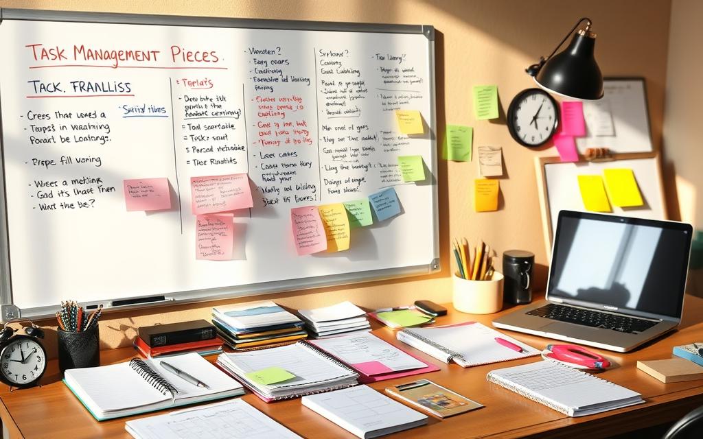 A workspace with various task management tools and strategies laid out: a whiteboard with color-coded to-do lists, a desk with a laptop, planners, sticky notes, and a timer. Warm, natural lighting illuminates the scene, creating a productive and organized atmosphere. The composition captures the essence of "Breaking Tasks into Manageable Pieces," emphasizing the importance of planning, organization, and breaking down complex tasks into smaller, more achievable steps.