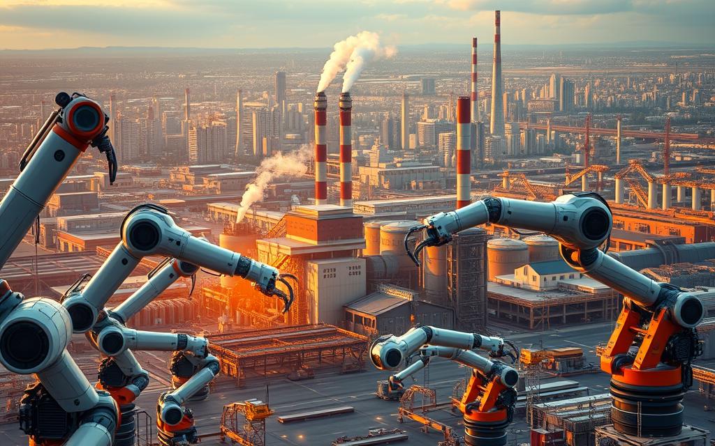 An awe-inspiring landscape where AI-enhanced automation processes are seamlessly woven into the fabric of a thriving industrial setting. In the foreground, intricate robotic arms choreograph a synchronized dance, their movements gracefully optimizing production. Towering factories loom in the middle ground, their facades adorned with glowing panels and diagnostic readouts, signaling the integration of intelligent control systems. In the background, a sprawling cityscape stretches out, its skyscrapers and infrastructure reflecting the harmonious coexistence of human ingenuity and technological advancement. Bathed in warm, golden light, the scene conveys a sense of efficiency, progress, and the power of AI-driven automation to streamline and elevate everyday tasks.