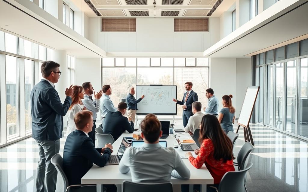 An elaborate conference room with large windows, bright natural lighting, and a modern, minimalist aesthetic. In the foreground, a lively group of professionals engaged in a dynamic discussion, gesturing animatedly and drawing on a large whiteboard. In the middle ground, a group of team members seated around a long table, their laptops and notepads open, deep in thought. In the background, a team leader standing at the head of the table, leading the retrospective session with an authoritative yet approachable demeanor. The overall mood is one of focused collaboration, creative problem-solving, and a sense of shared purpose. An elaborate conference room with large windows, bright natural lighting, and a modern, minimalist aesthetic. In the foreground, a lively group of professionals engaged in a dynamic discussion, gesturing animatedly and drawing on a large whiteboard. In the middle ground, a group of team members seated around a long table, their laptops and notepads open, deep in thought. In the background, a team leader standing at the head of the table, leading the retrospective session with an authoritative yet approachable demeanor. The overall mood is one of focused collaboration, creative problem-solving, and a sense of shared purpose.