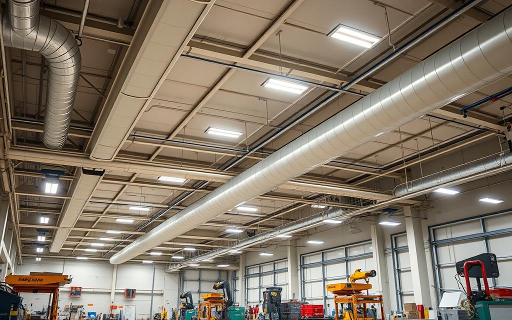 An industrial-style interior with a focus on OSHA-compliant lighting. The scene depicts a well-lit workspace, with a high ceiling and exposed ductwork overhead. Uniform, diffused light illuminates the room, creating a safe and productive environment. Recessed ceiling fixtures provide ambient lighting, while task-oriented lamps on workstations ensure adequate visibility for detailed tasks. The lighting layout follows OSHA standards, with even coverage and no dark spots or shadows. The room's layout, furnishings, and equipment convey a modern, efficient workplace dedicated to worker safety and productivity.