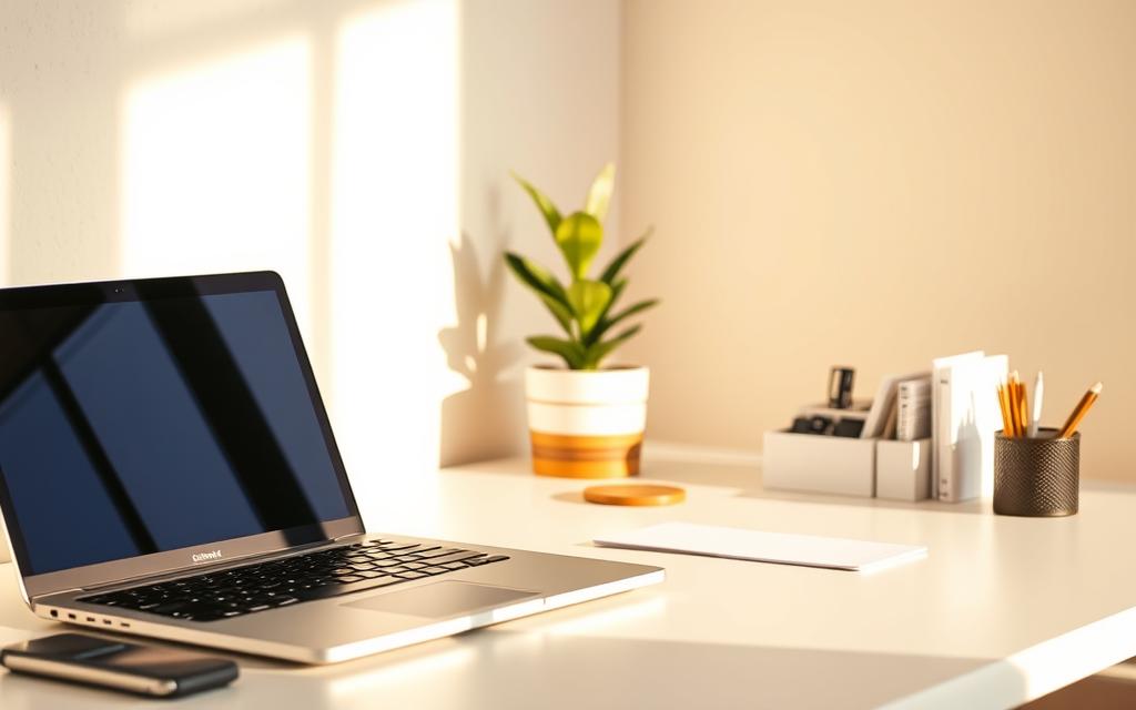 An organized desk bathed in warm, natural lighting, showcasing a pristine workspace. In the foreground, a sleek laptop, a minimalist desk organizer, and a handful of neatly arranged office supplies. The middle ground features a potted plant and a coaster, creating a sense of balance and harmony. The background gently fades into a soothing, neutral-toned wall, emphasizing the uncluttered and tranquil atmosphere. The composition highlights the importance of a well-structured, efficient, and visually pleasing home office environment. An organized desk bathed in warm, natural lighting, showcasing a pristine workspace. In the foreground, a sleek laptop, a minimalist desk organizer, and a handful of neatly arranged office supplies. The middle ground features a potted plant and a coaster, creating a sense of balance and harmony. The background gently fades into a soothing, neutral-toned wall, emphasizing the uncluttered and tranquil atmosphere. The composition highlights the importance of a well-structured, efficient, and visually pleasing home office environment.