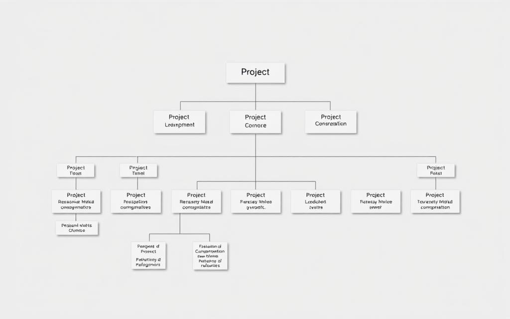 Detailed organizational chart depicting a comprehensive project management structure. A hierarchical diagram showcasing the roles, responsibilities, and reporting relationships within the project team. The composition should feature clean, minimalist lines and shapes, with a focus on visual clarity and efficient information design. Subtle use of muted colors and neutral tones to maintain a professional, corporate aesthetic. Utilize a frontal camera angle and even lighting to create a sense of balance and stability, conveying the organized and streamlined nature of the project management process.